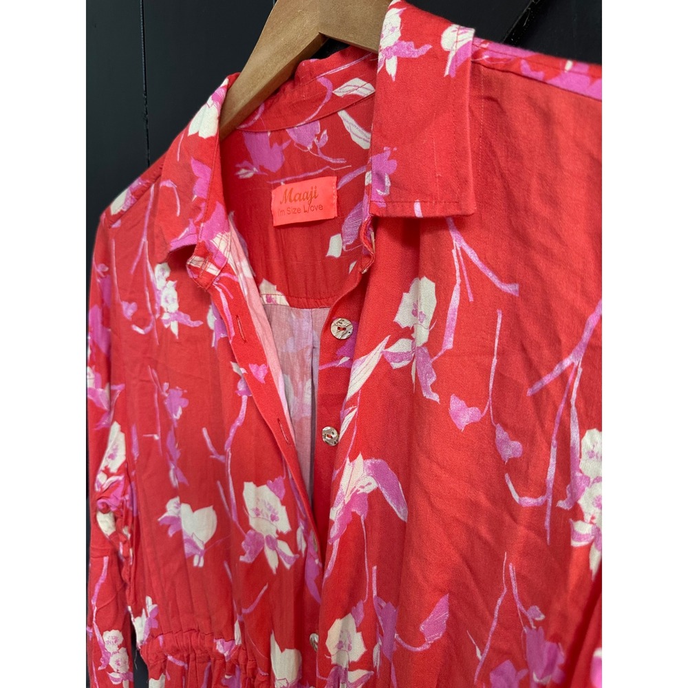 Maaji Floral Button Up Mini Dress Red Pink Size L Cover Up Resort Beach - Picture 5 of 6